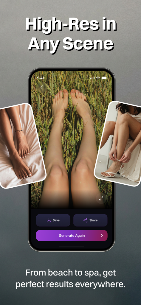 Feet Image Generator: Feetify - Interface mobile de Feetify AI montrant des images de pieds haute résolution générées dans diverses scènes.