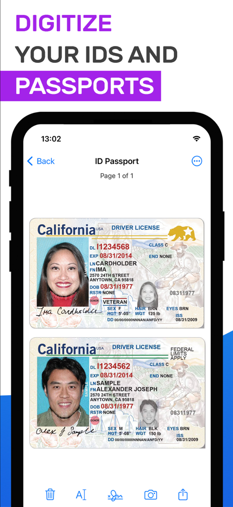 Smartphone-Bildschirm, der digitalisierte Führerscheine in der PDF Scanner-App zeigt