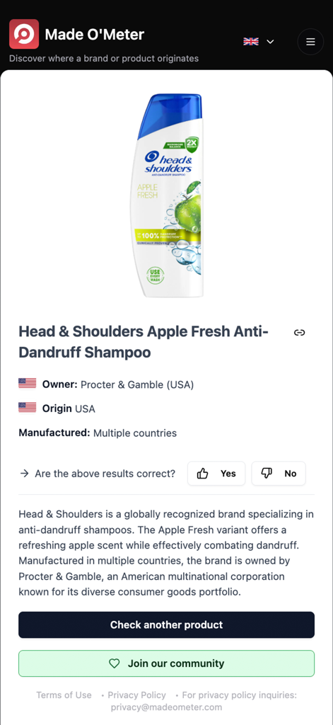 Made O'Meter - Captura de tela do aplicativo Made O'Meter mostrando a origem do produto e a propriedade da marca para shampoo Head and Shoulders