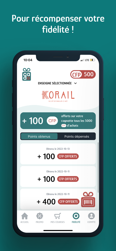 Cado - Loyalty program screen of the Cado app showing accumulated reward points and history for Korail Supermarché