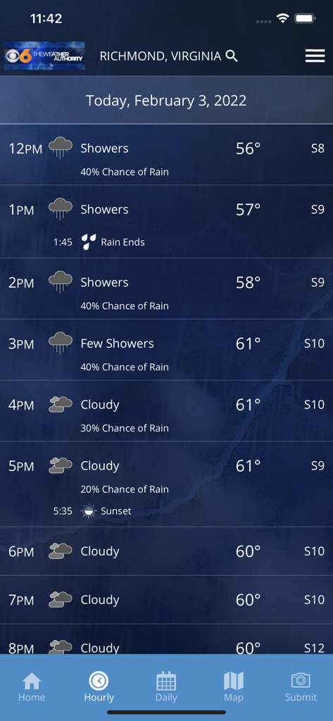 CBS 6 Richmond weather app hourly forecast screen showing temperature and rain probability