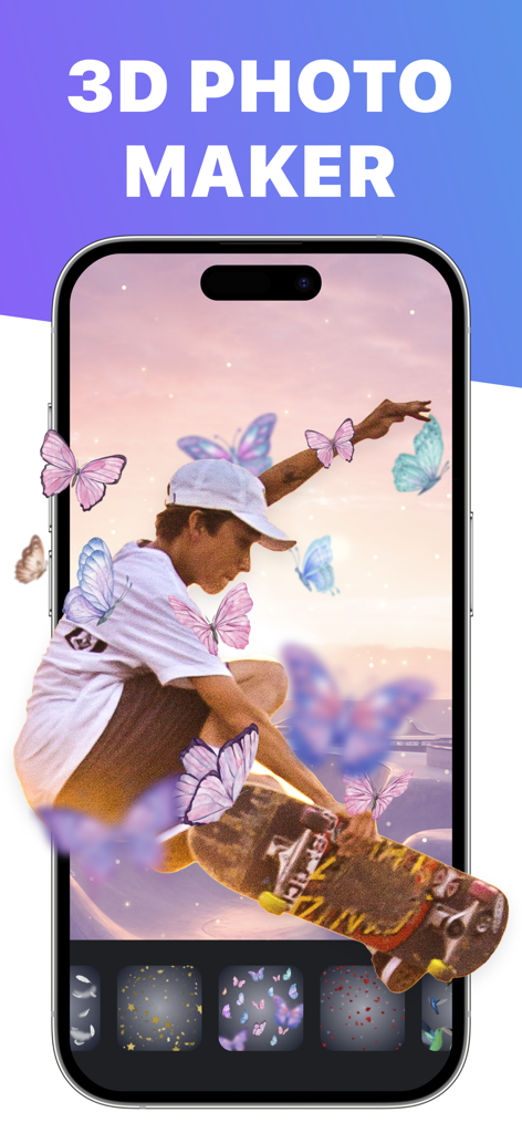 3D Photo Editor - Interface do aplicativo 3D Photo Maker mostrando um skatista com borboletas animadas