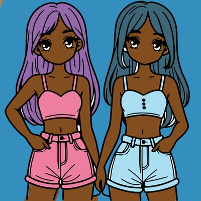 two sisters with crop tops and jean shorts and straight hair