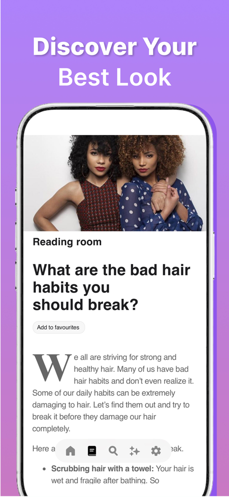 Braid & Style: African Hair - Sala de lectura de la aplicación Braid and Style que muestra un artículo sobre cómo romper malos hábitos de cuidado del cabello