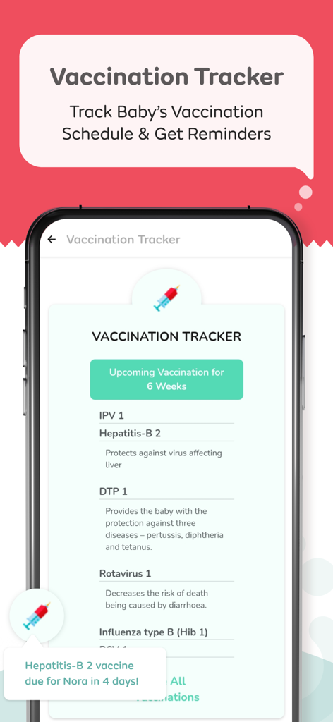 Mylo Pregnancy & Parenting App - Mobile Ansicht der Mylo App mit einem Impfplan für Babys und bevorstehenden Impf-Erinnerungen