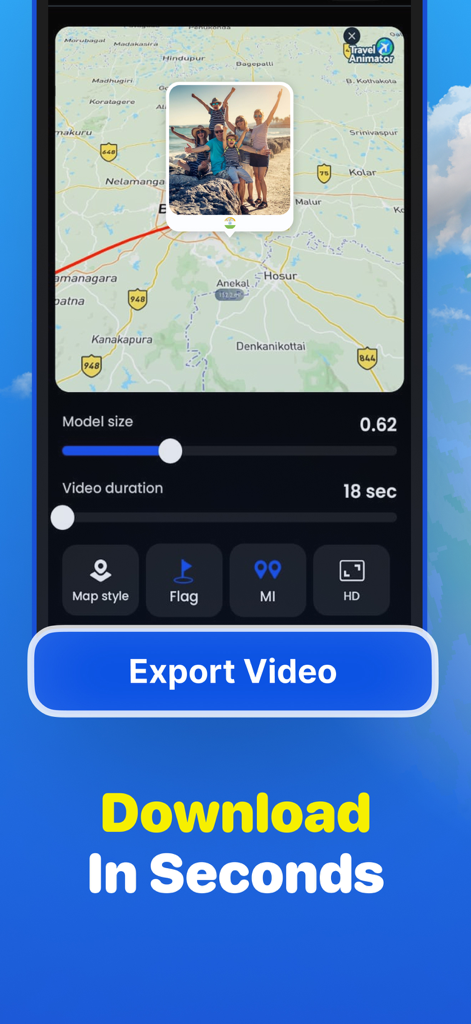 Interface do aplicativo TravelAnimator mostrando um mapa de rota de viagem com uma foto de família e configurações de exportação de vídeo