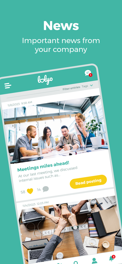 La sezione notizie dell'app LOLYO Employee-App che mostra aggiornamenti aziendali in un feed in stile social media