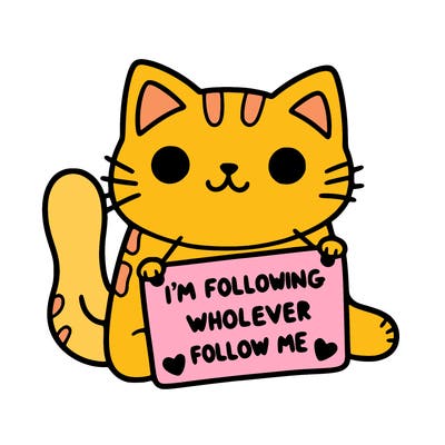 cat with a sign that says i’m following whoever follows me