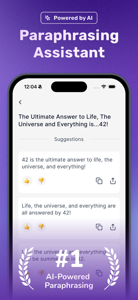 Paraphrase - Rewrite Tool - Interfaz de la aplicación asistente de parafraseo con IA que muestra sugerencias de reescritura de texto