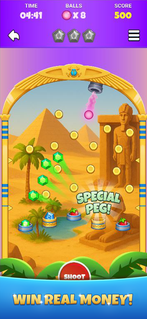 Pachinko Arcade - Plinko Cash - Gameplay screenshot of Pachinko Arcade Plinko Cash featuring an Ancient Egyptian theme and real money rewards.