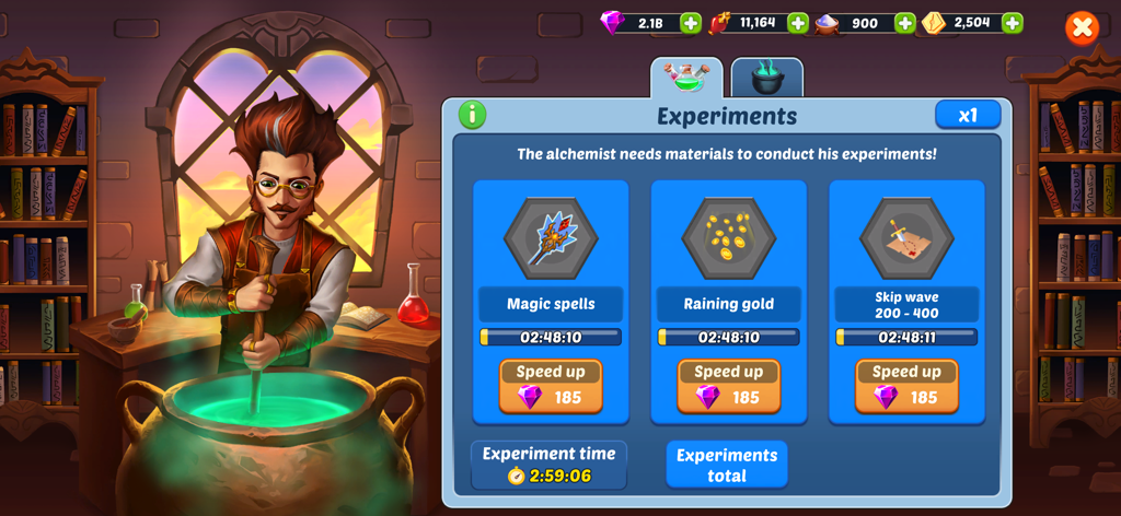 Firestone: An Idle Clicker RPG - An alchemist stirring a green cauldron in the experiments menu of Firestone An Idle Clicker RPG