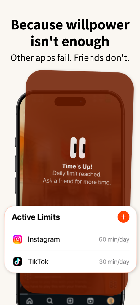 Useless - Screen Time Control - Useless app screen displaying daily usage limits for Instagram and TikTok with a prompt to ask a friend for more time after reaching the limit