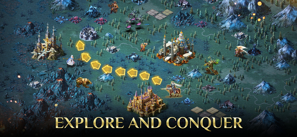 War and Magic: Kingdom Reborn - War and Magic Kingdom Reborn gameplay screenshot showing a hero exploring a fantasy world map with the text Explore and Conquer