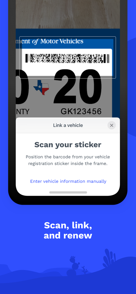 Texas by Texas (TxT) - Texas by Texas app interface for scanning a vehicle registration sticker to link a vehicle