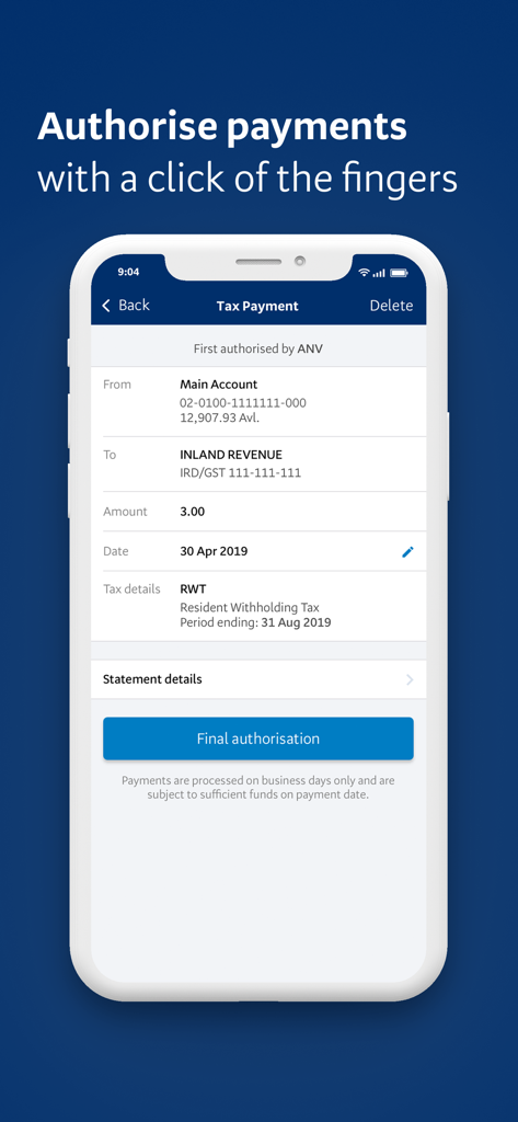 BNZ Mobile Business Banking app showing tax payment authorization screen