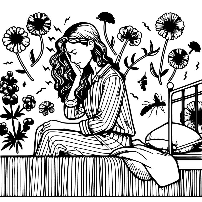 realistic woman sitting on a bed in chiari malformation pain