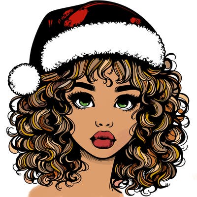 realistic girl with a santa hat curly hair and lips