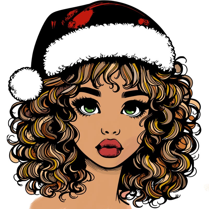 realistic girl with a santa hat curly hair and lips