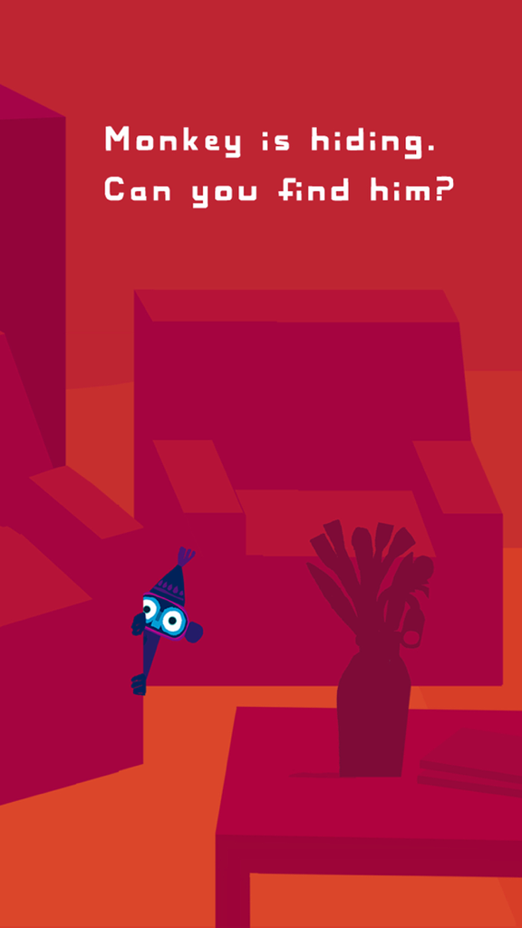 Hat Monkey by Chris Haughton - Hat Monkey peeking from behind a purple chair in a minimalist red room with text asking to find him.