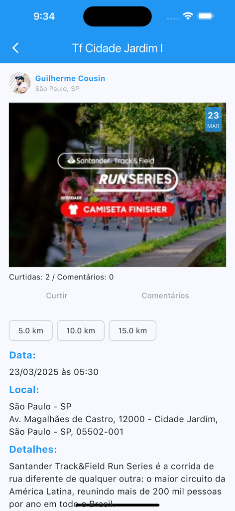 NextRun - Écran de l'application NextRun montrant les détails d'un événement de course à Sao Paulo, y compris la date, le lieu et les distances de course