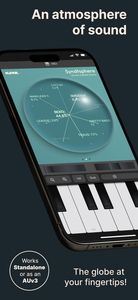 SyndtSphere mobile app interface on iPhone featuring a 3D sound morphing sphere and piano keyboard