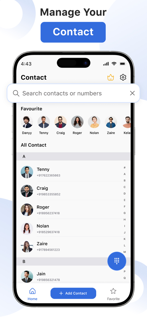 Captura de pantalla de CallApp que muestra la interfaz de gestión de contactos con una lista de contactos favoritos y un directorio de contactos alfabético.