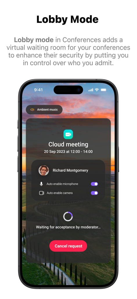 IceWarp mobile App-Oberfläche mit dem virtuellen Warteraum des Lobby-Modus für sichere Online-Konferenzen