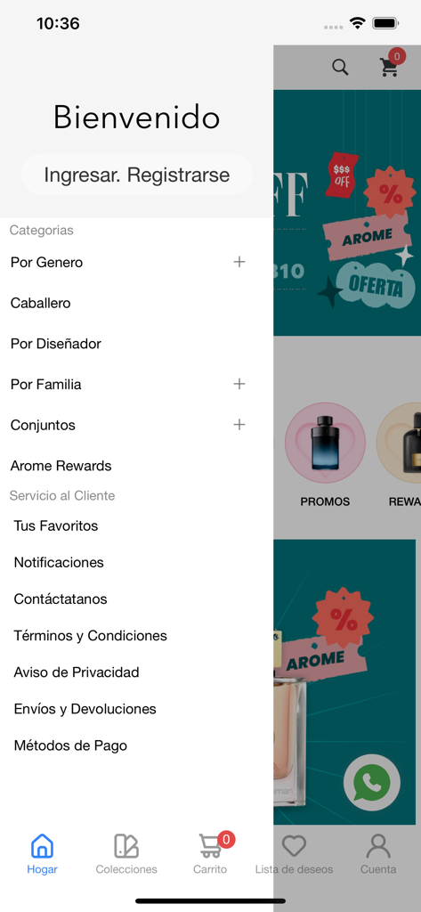 Menu di navigazione laterale dell'app Arome Mexico che mostra categorie per profumi e opzioni di assistenza clienti