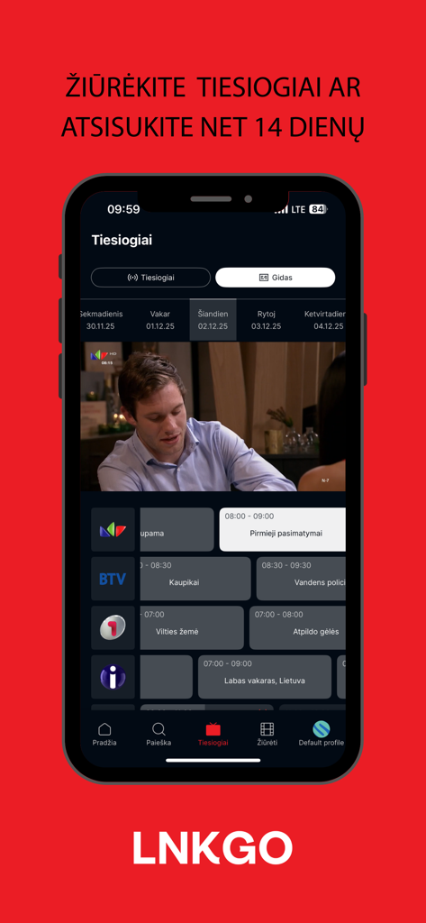 LNK GO app showing the live TV guide and 14-day catch-up feature on an iPhone screen