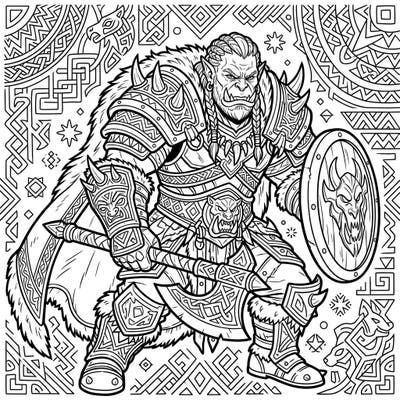 Dive into an epic fantasy realm with this intricate Orc Warrior coloring page. Featuring a powerfully armored orc ready for battle, this design offers a rich and engaging coloring experience.
