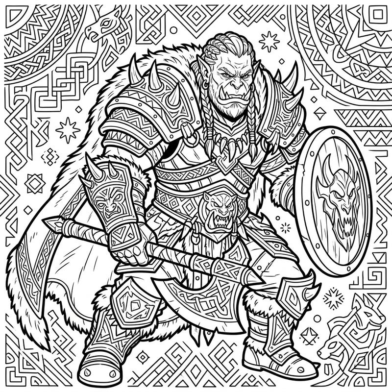 Dive into an epic fantasy realm with this intricate Orc Warrior coloring page. Featuring a powerfully armored orc ready for battle, this design offers a rich and engaging coloring experience.