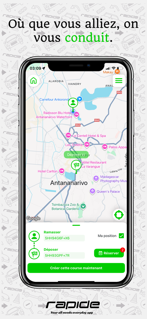 Rapide App - Interface cartographique de Rapide App à Antananarivo montrant les lieux de prise en charge et de dépose pour la réservation d'un trajet.