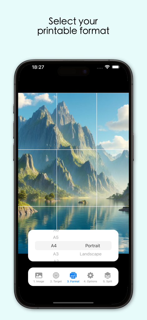 Split Lab - Interface do aplicativo Split Lab mostrando uma foto de montanha dividida em uma grade para impressão A4 em formato retrato