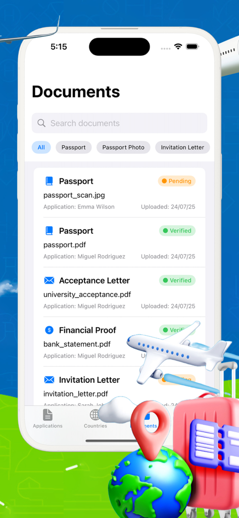 VisaFlow app screen displaying organized travel documents and their verification status.