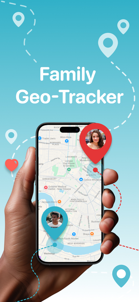 Eine Hand hält ein Smartphone, das eine Geo-Tracker-App für Familien mit Personensymbolen auf einer Karte anzeigt