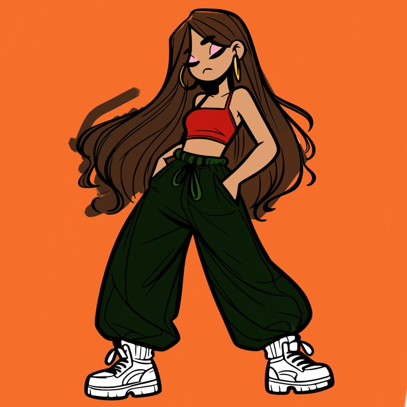 girl in baggy pants crop top and long hair