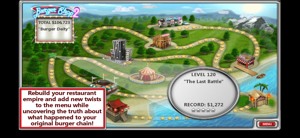 Burger Shop 2 level map showing game progression and restaurant locations