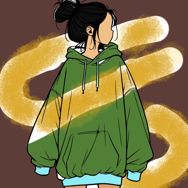 realistic girl with a oversized sweatshirt on and a bun