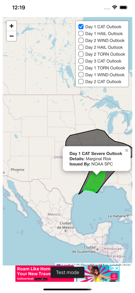 3 Day Weather Outlook - Interactive map displaying a Day 1 severe weather outlook from NOAA SPC with a marginal risk area highlighted.