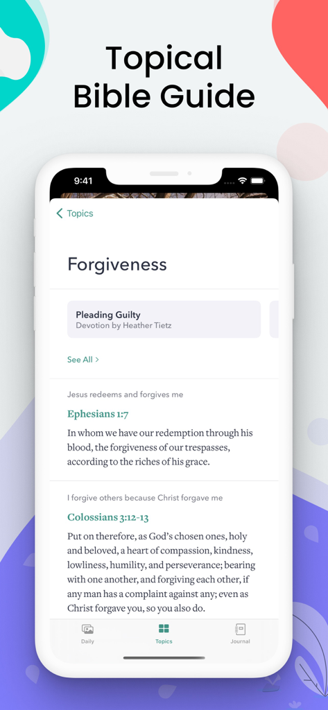 Bible Inspirations · Daily - Topical Bible Guide feature in the Bible Inspirations app showing scripture verses and devotions on Forgiveness