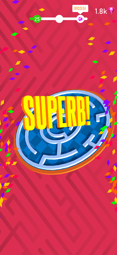 3D Maze: Tilt Puzzle Game - Level complete screen in 3D Maze game showing a circular maze with a yellow Superb message and colorful confetti.