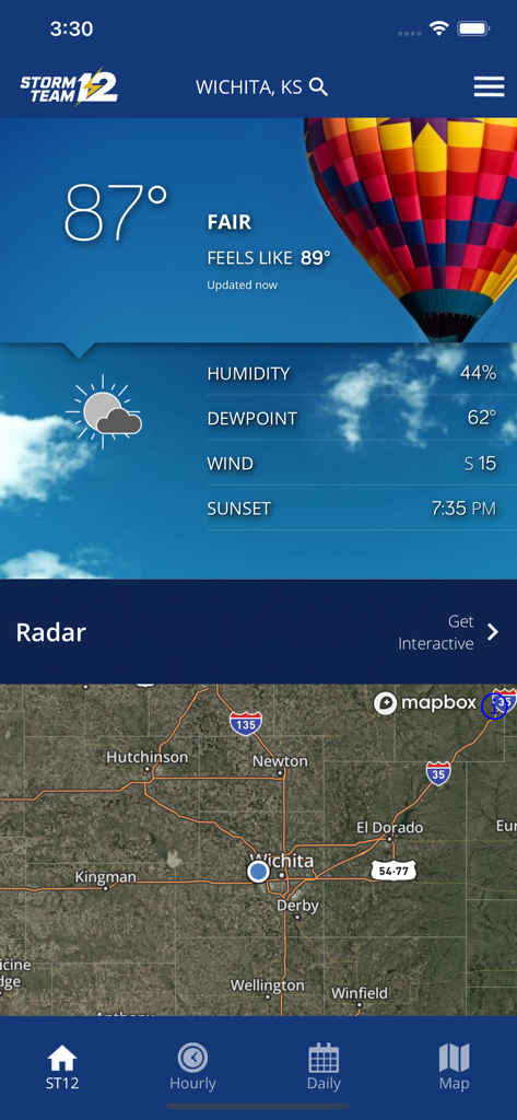 Storm Team 12 mobile app interface showing current weather and radar map for Wichita