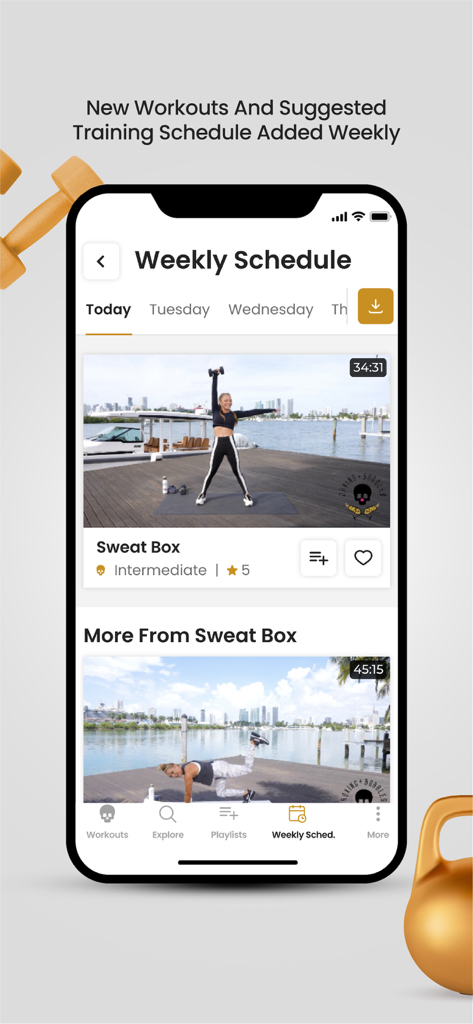 Un smartphone que muestra el horario de entrenamiento semanal y videos de entrenamiento en la aplicación de fitness de Christa DiPaolo.