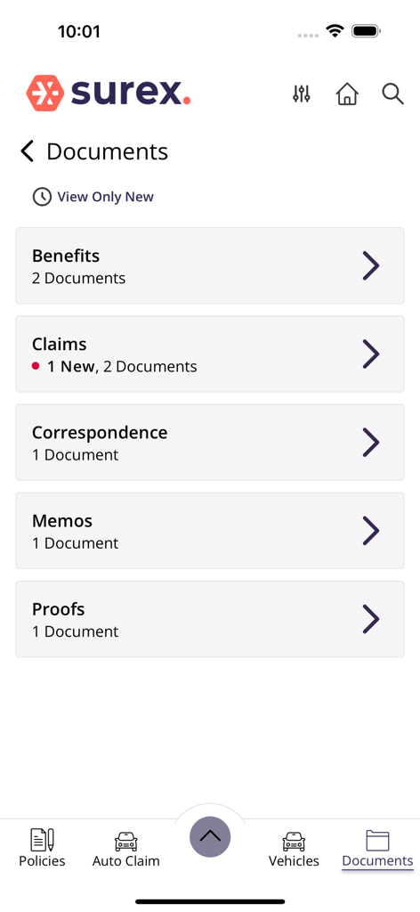 MySurex - Seção de documentos do aplicativo MySurex mostrando pastas categorizadas para correspondências de sinistros de benefícios, memorandos e comprovantes
