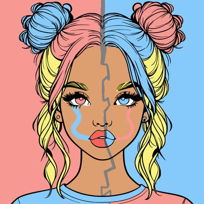 realistic girl with two buns in hair and lips