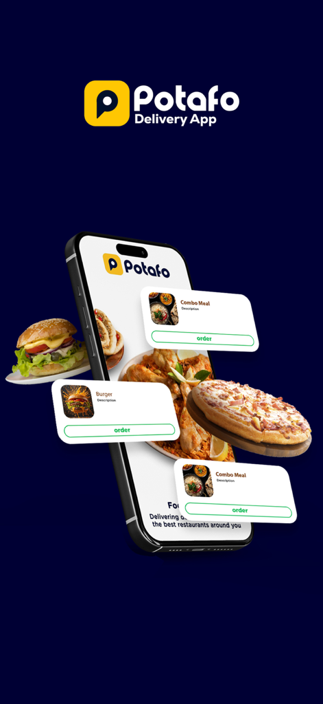 Potafo: Food Delivery App - Potafo food delivery app interface showing burger pizza and combo meals on a smartphone