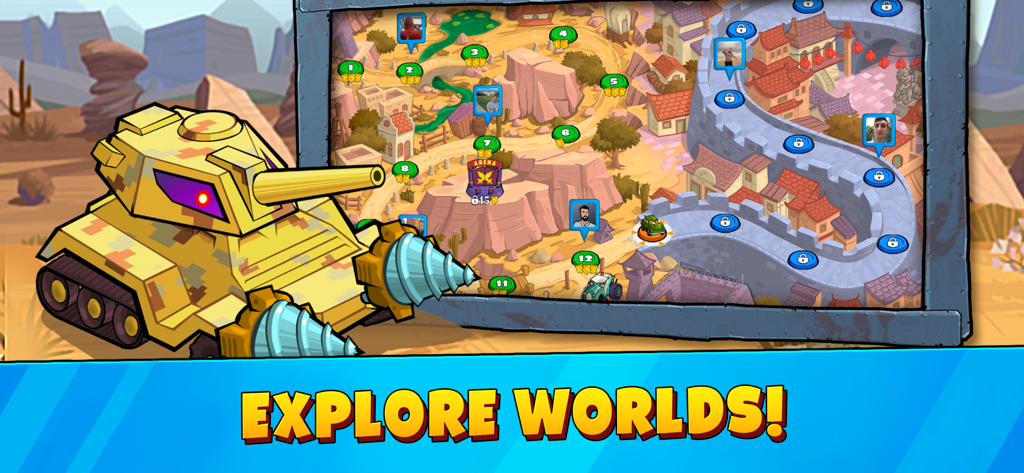 Car Eats Car 3 - Racing Cars - Mapa de seleção de nível em Car Eats Car 3 com um veículo tanque de desenho animado com brocas