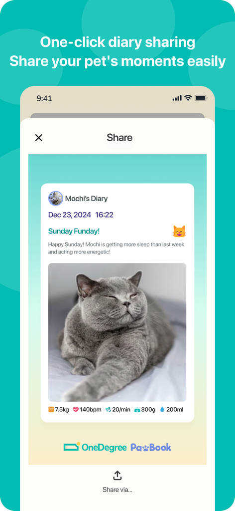 PawBook- Pet Diary - PawBook app interface showing a shared pet diary entry with a cat photo and health metrics