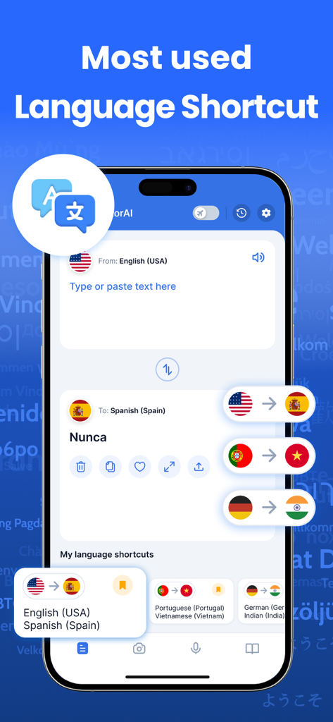 AI Translator, Voice Translate - Interface de aplicativo móvel mostrando atalhos rápidos de tradução de idiomas com ícones de bandeira para inglês, espanhol, português e vietnamita.