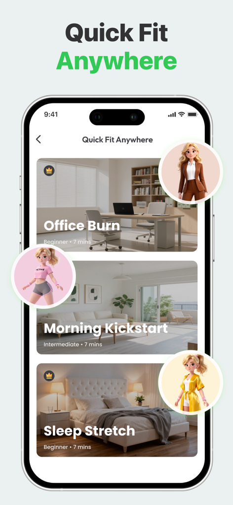 7 Minute Workout app screen showing Office Burn Morning Kickstart and Sleep Stretch routines